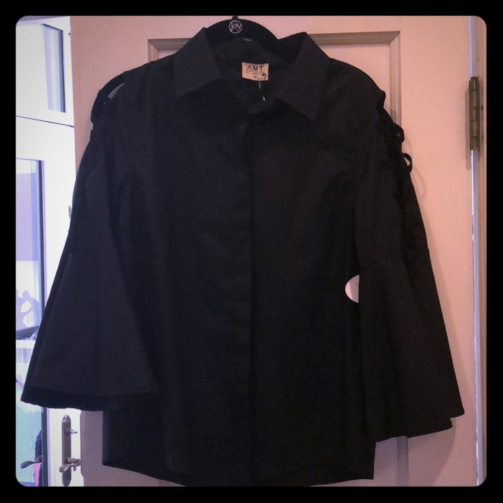 Black button down blouse with flared sleeves